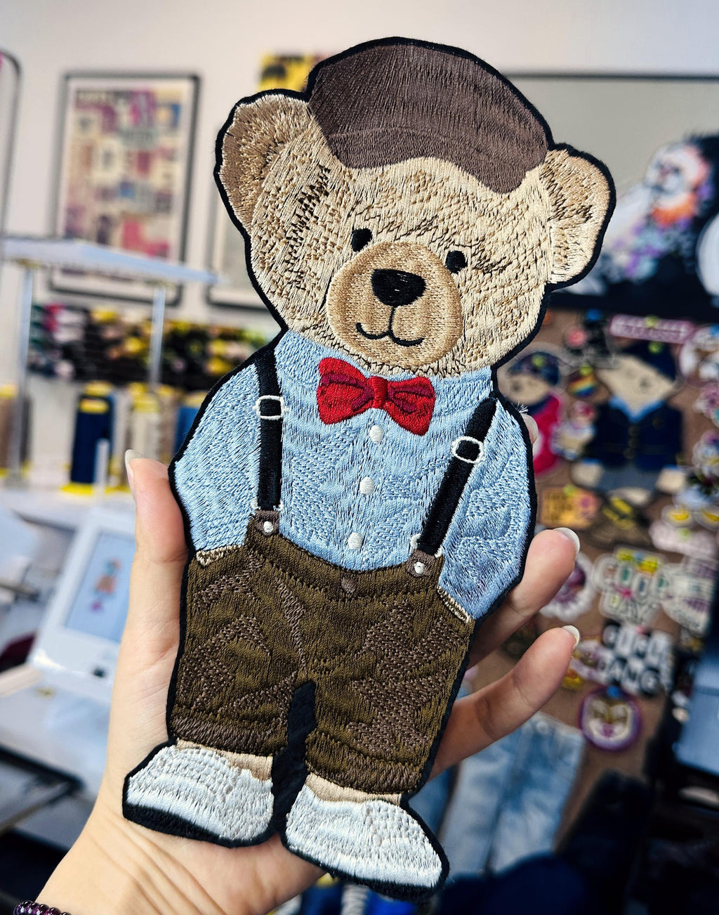 Hand Embroidered Gentleman Bear Patch – RL Polo Style, Bow Tie, Suspenders (Sew-On/Iron-On)