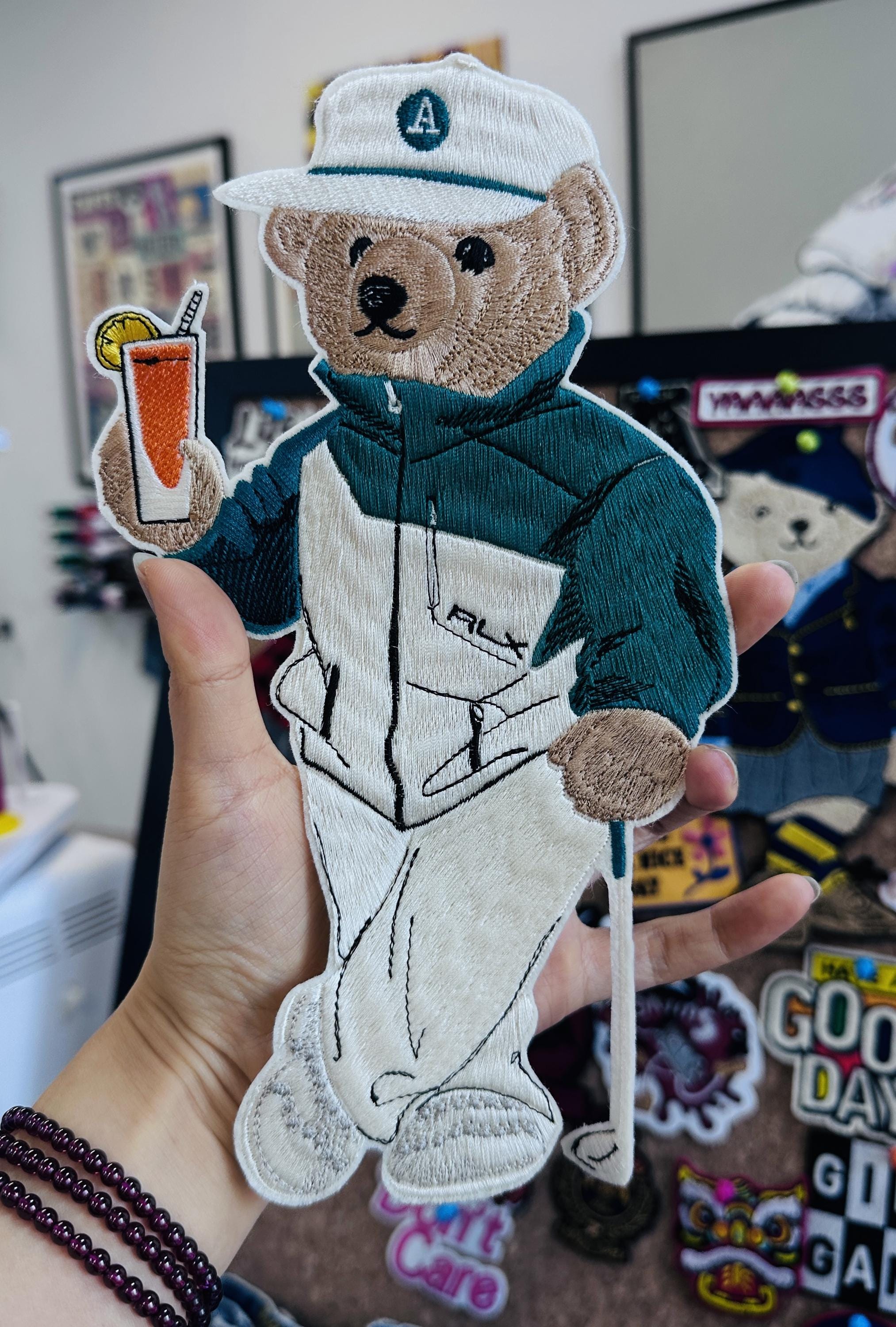 Monogram Hand Embroidered Ralph Lauren Polo style Golf Bear Patch – Cocktail Drink, Club, Personalized "A" Applique (Sew On/Iron On)