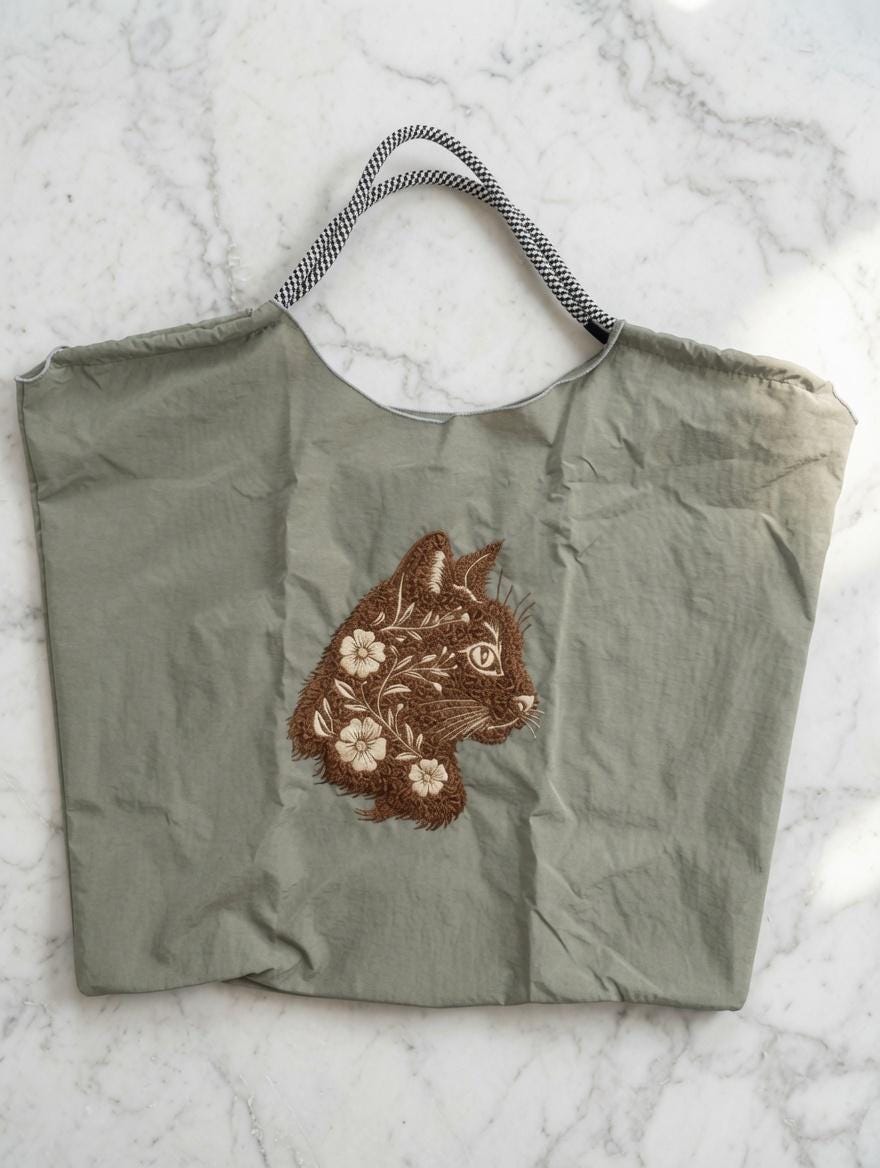 Custom Embroidered Cat Floral Tote Bag Retro Brown Cat Head Sage Green Canvas Shopping Bag Gift Idea