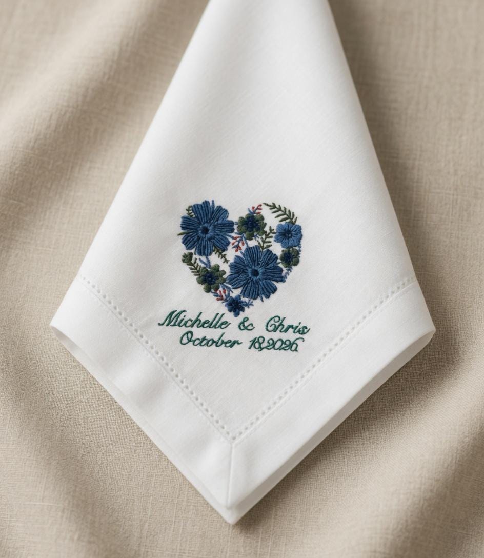 Embroidered Blue Floral Heart Linen Napkin | Custom Wedding Names & Date Set of 2 pcs