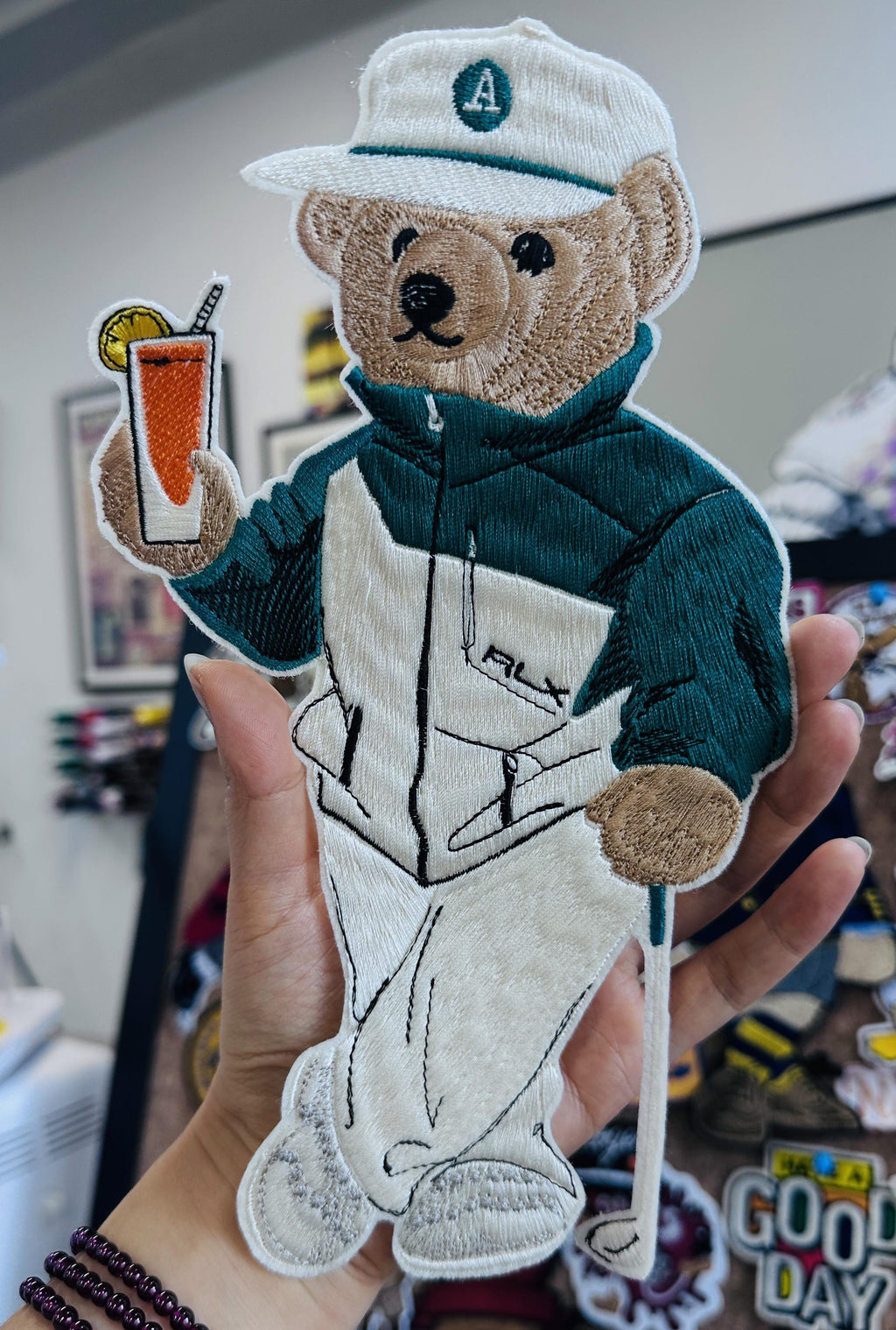 Monogram Hand Embroidered Ralph Lauren Polo style Golf Bear Patch – Cocktail Drink, Club, Personalized "A" Applique (Sew On/Iron On)