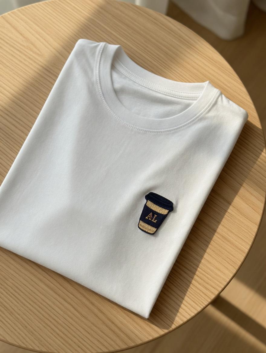 Custom Embroidered Coffee Cup T-Shirt: Minimalist Navy & Gold "AL" Design
