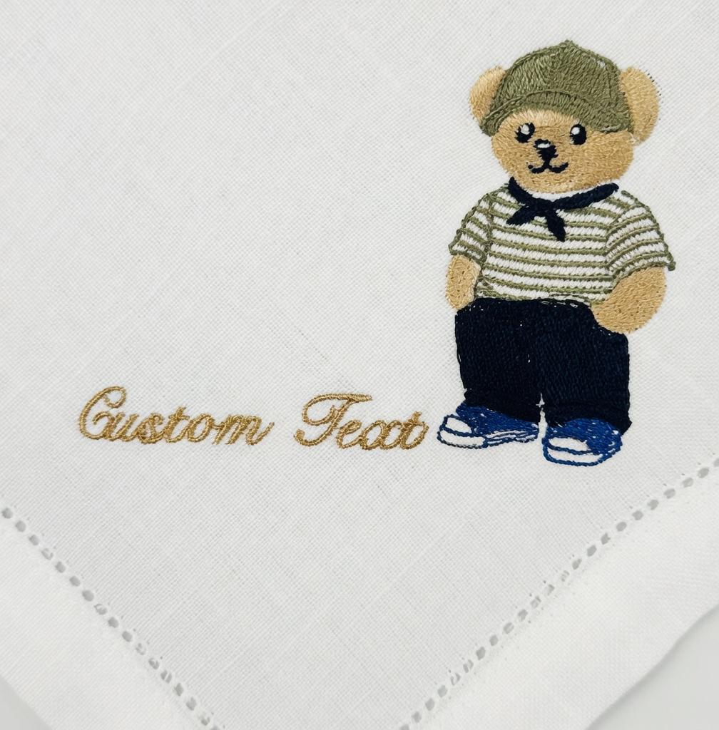 Set of 2 White Linen Napkins | Custom Embroidered Teddy Bear, Names & Date