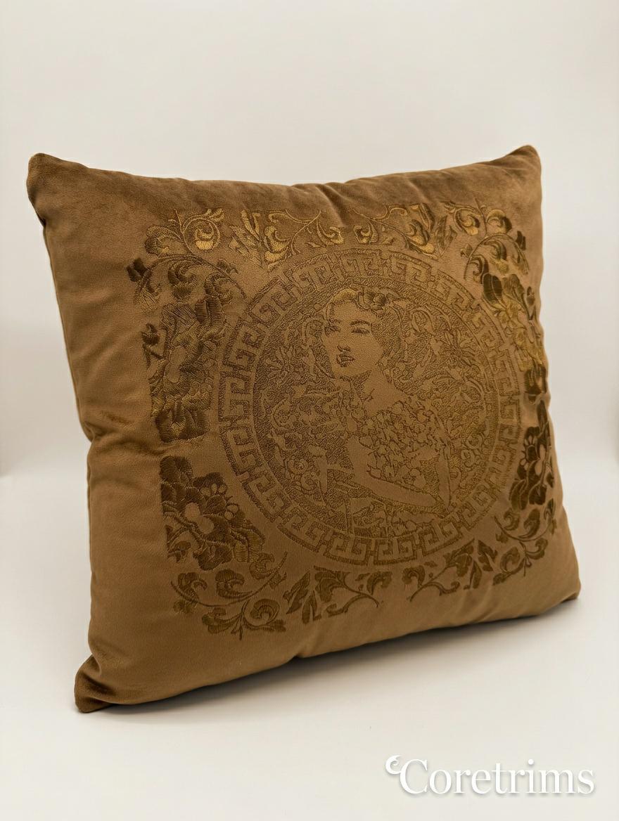 Artistic Embroidered Pillow - Hand Embroidered Brown Velvet Cushion, Unique Home Accent