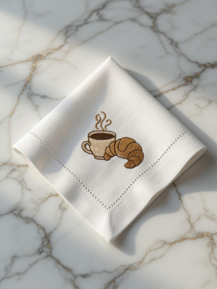 Embroidered Coffee Croissant Linen Napkin | White Hemstitch Table Decor