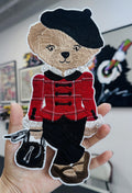 Hand Embroidered Teddy Bear Patch – Red Plaid Coat, Beret (Sew On/Iron On)