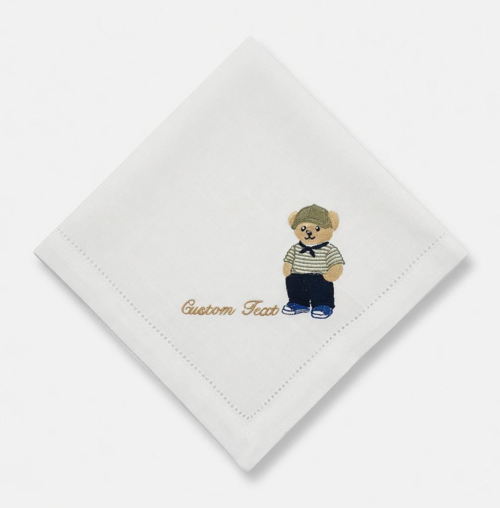 Set of 2 White Linen Napkins | Custom Embroidered Teddy Bear, Names & Date