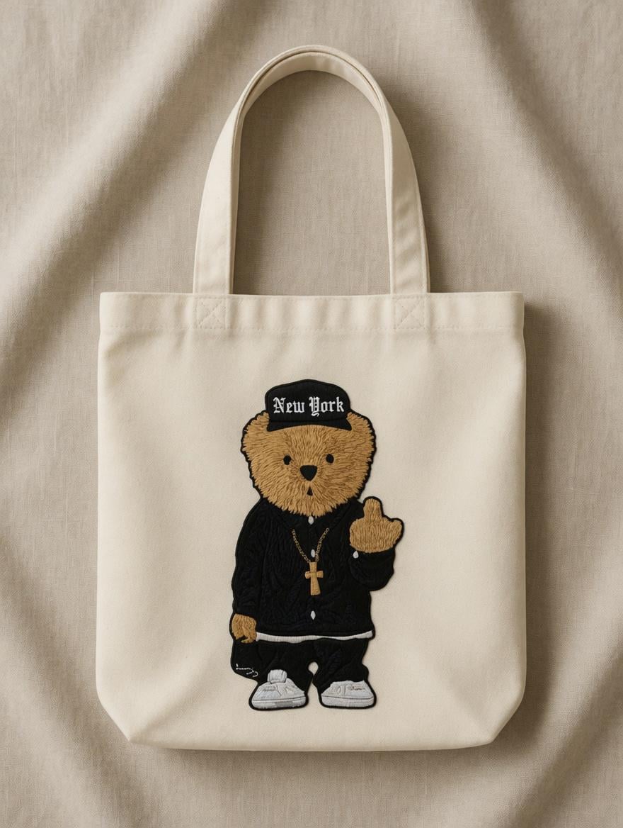 Custom Embroidered Teddy Bear Tote Bag | Street Style NY Canvas Shoulder Bag