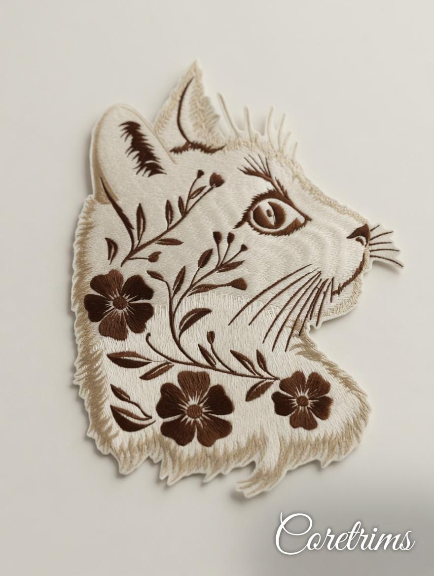 Floral Cat Head Embroidered Patch – Brown Botanical Wildcat Profile Iron-On Appliqué, Cat Lover Gift