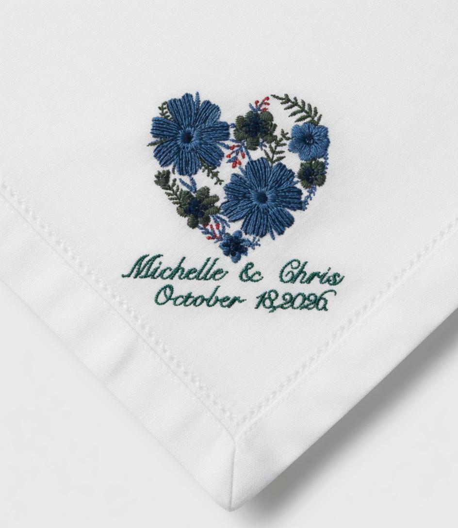 Embroidered Blue Floral Heart Linen Napkin | Custom Wedding Names & Date Set of 2 pcs