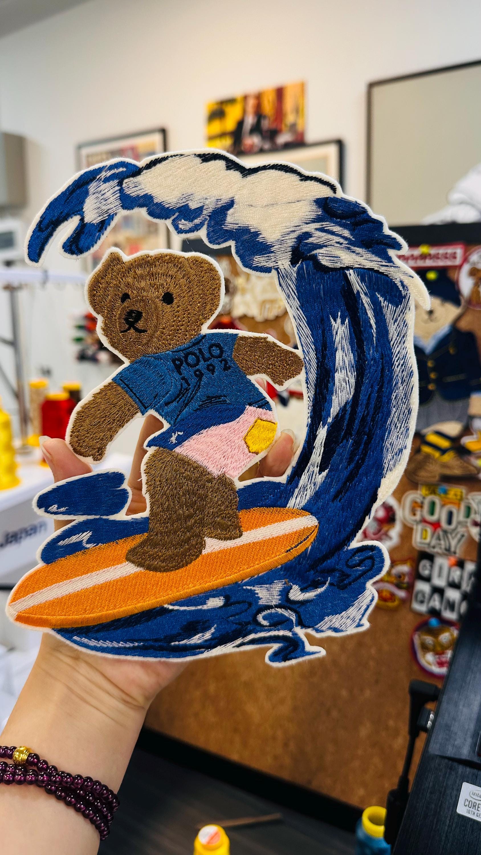 Vintage Polo Style 1992 Surfing Teddy Bear Embroidered Patch – Large Wave Rider Iron On Jacket