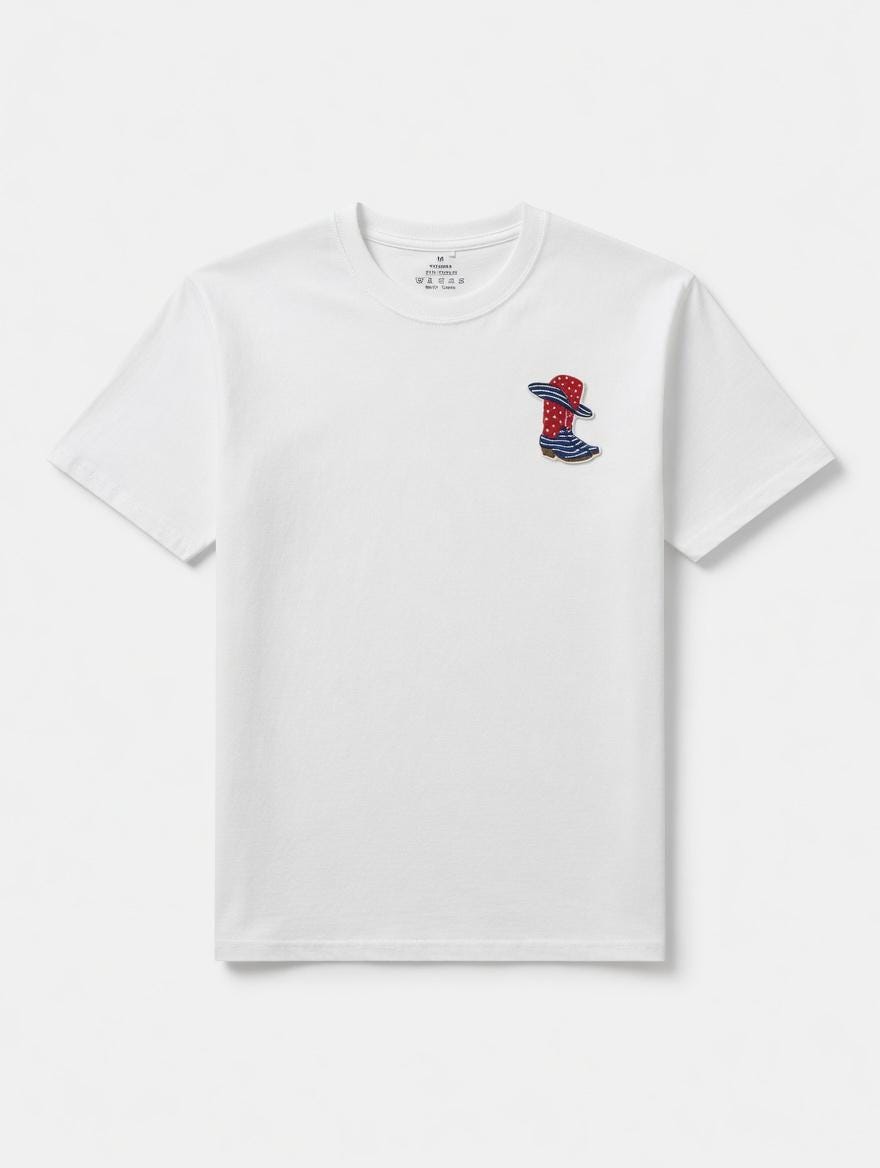 July 4 Independence Day Gift Embroidered American Flag Cowboy Boot T-Shirt | Patriotic Western Tee