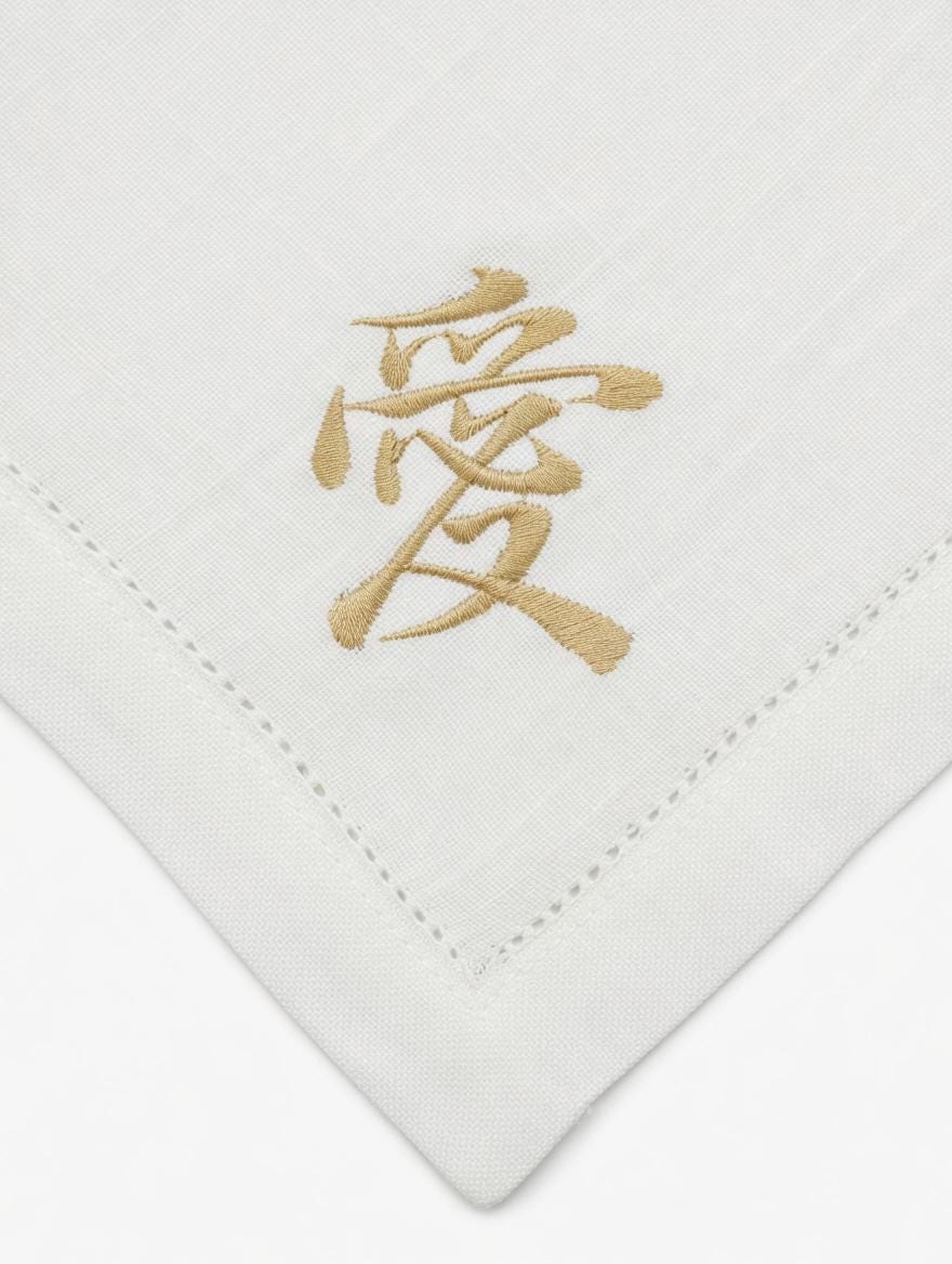 Set of 2 Embroidered Linen Napkins | Gold Chinese Character "愛" (Love) | Wedding Table Decor