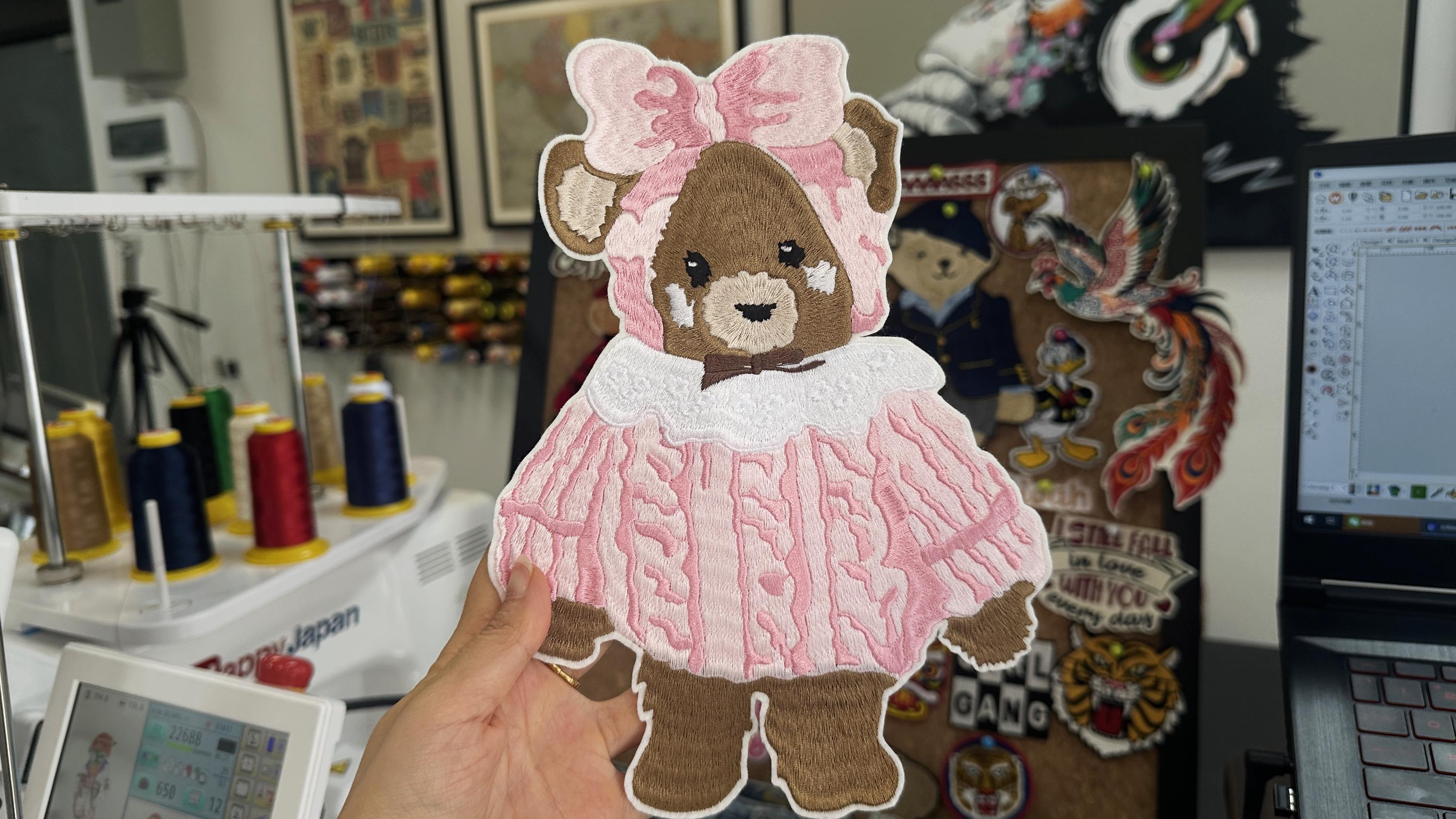 Hand Embroidered Teddy Bear Patch – Pink Frilly Baby Dress Applique (Sew On/Iron On)