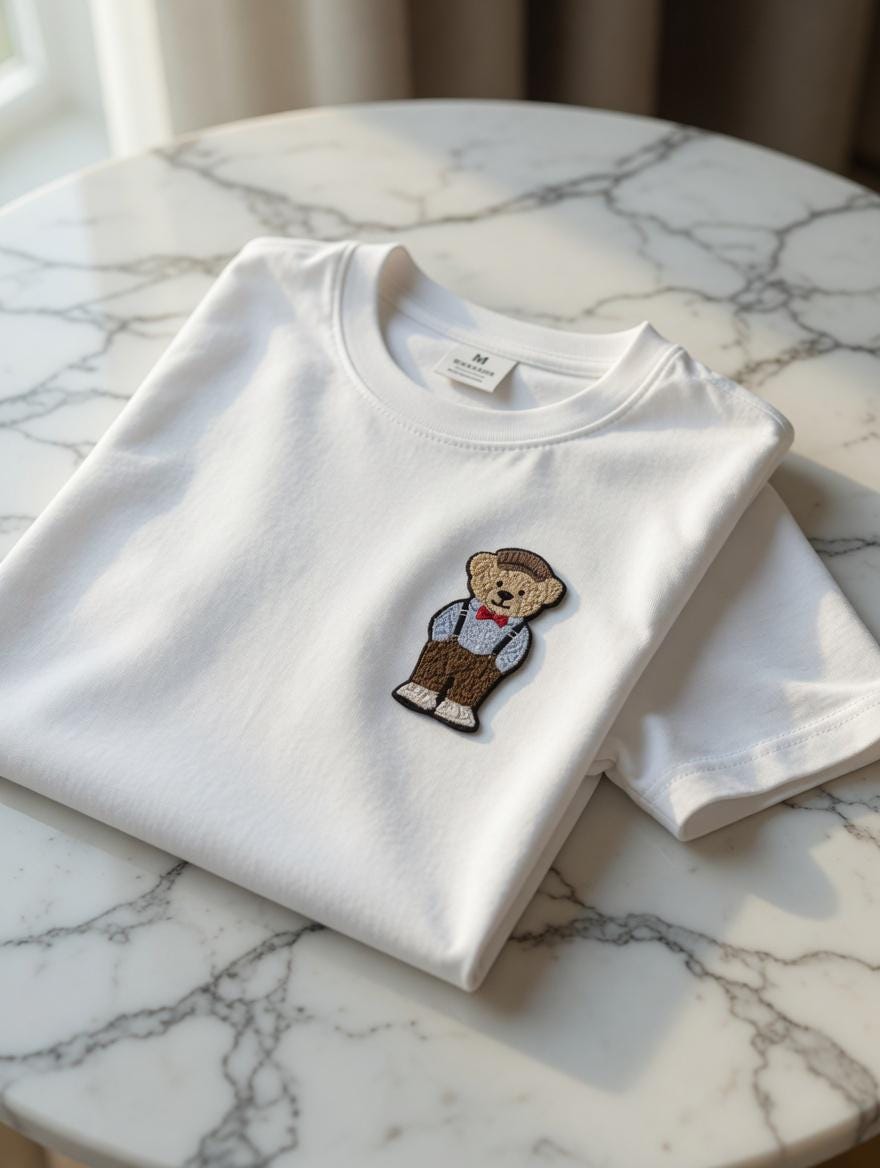 Embroidered Teddy Bear T-Shirt | Dapper Bear with Bow Tie, Suspenders (Cotton)