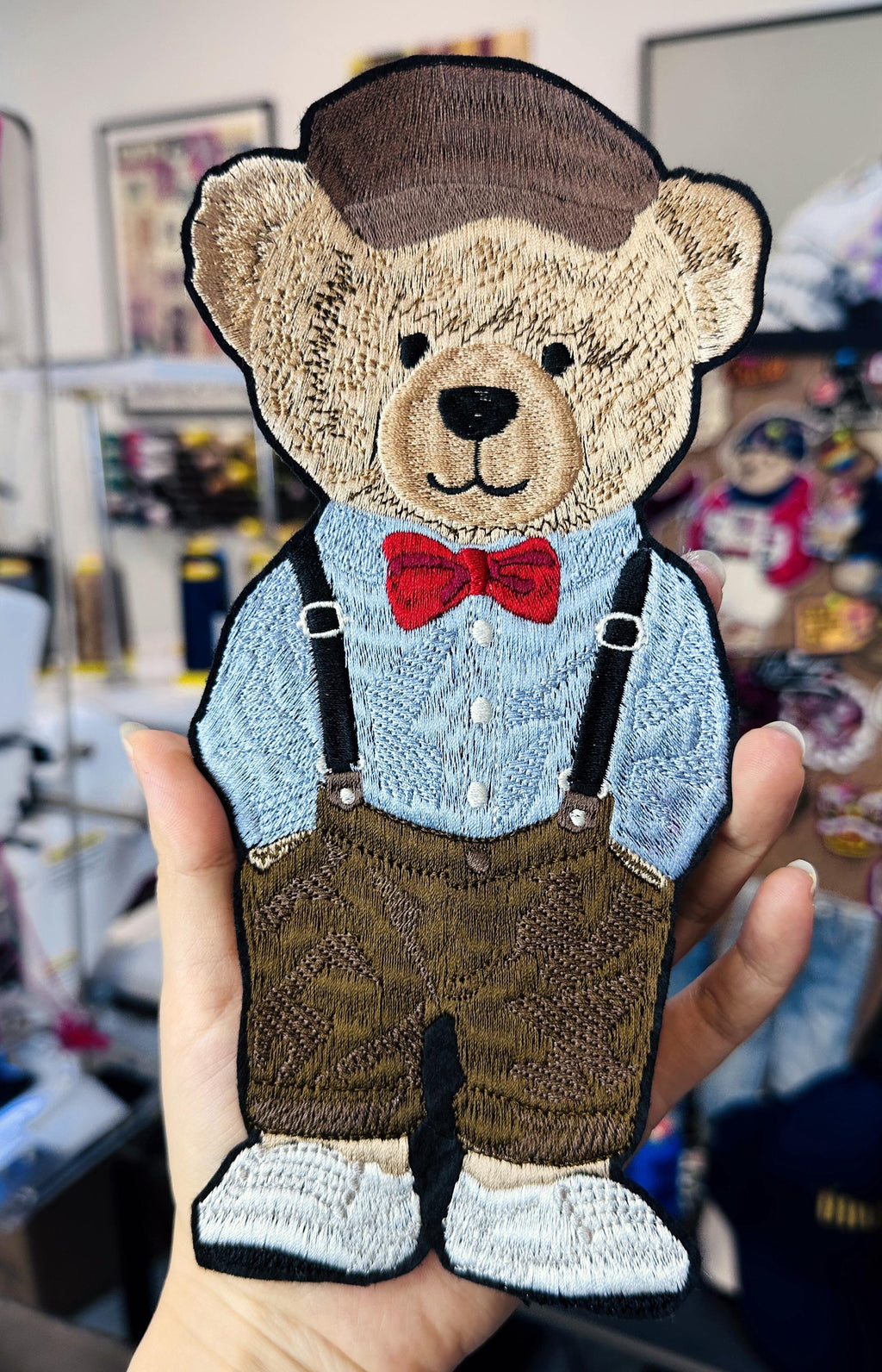 Hand Embroidered Gentleman Bear Patch – RL Polo Style, Bow Tie, Suspenders (Sew-On/Iron-On)