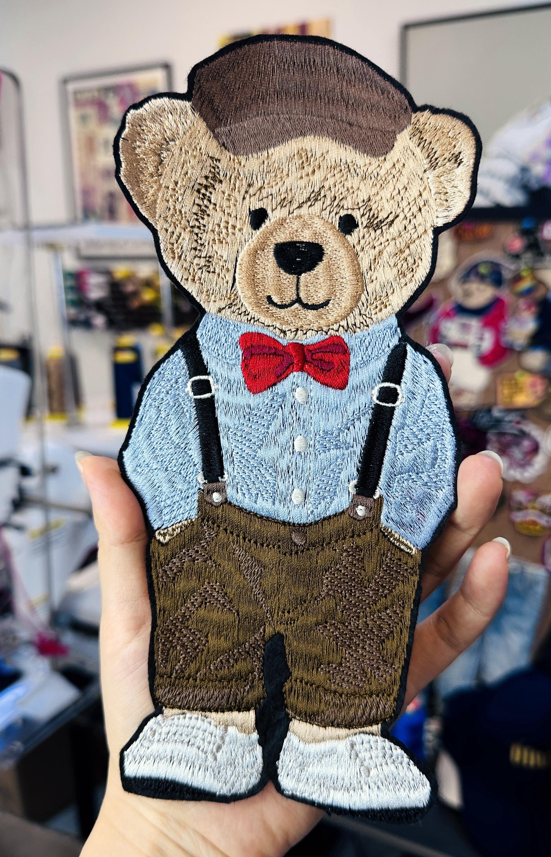 Hand Embroidered Gentleman Bear Patch – RL Polo Style, Bow Tie, Suspenders (Sew-On/Iron-On)