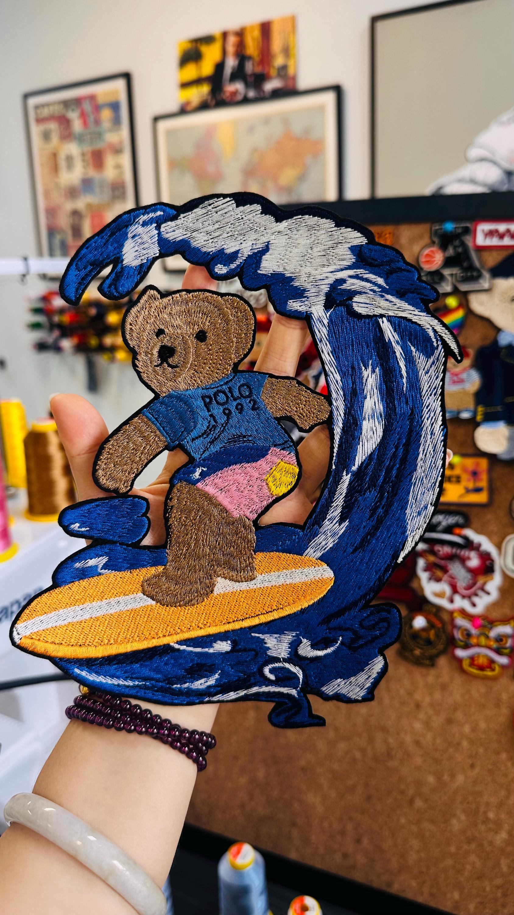Vintage Polo Style 1992 Surfing Teddy Bear Embroidered Patch – Large Wave Rider Iron On Jacket