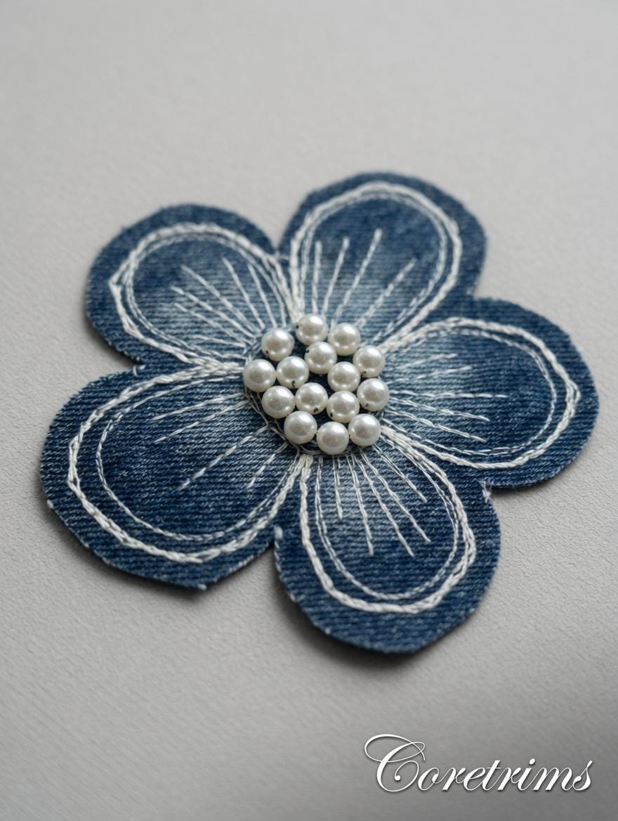 Denim Flower Patch with Pearl Center – Embroidered Appliqué, White Stitching, Sew-On Fabric Badge