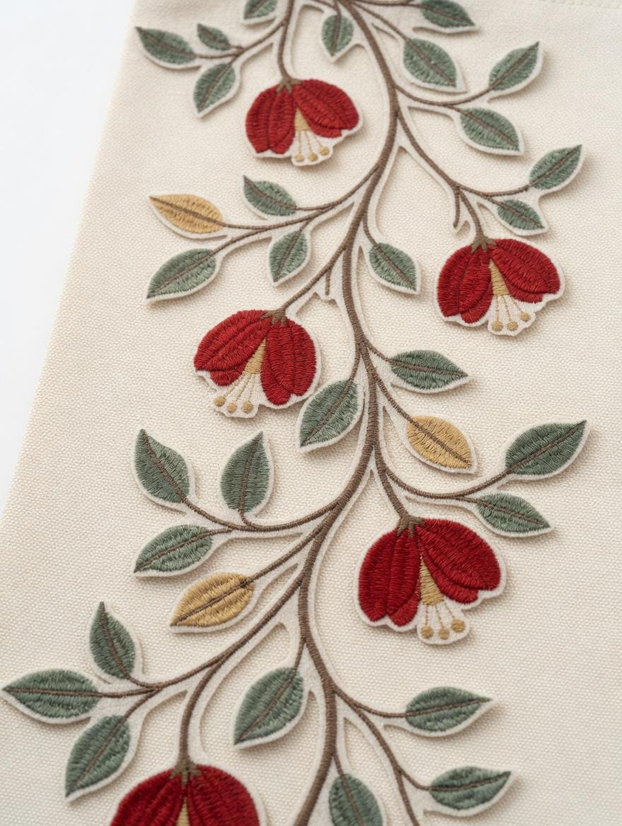Custom Embroidered Floral Tote Bag – Red Flower Vine Canvas Shoulder Bag