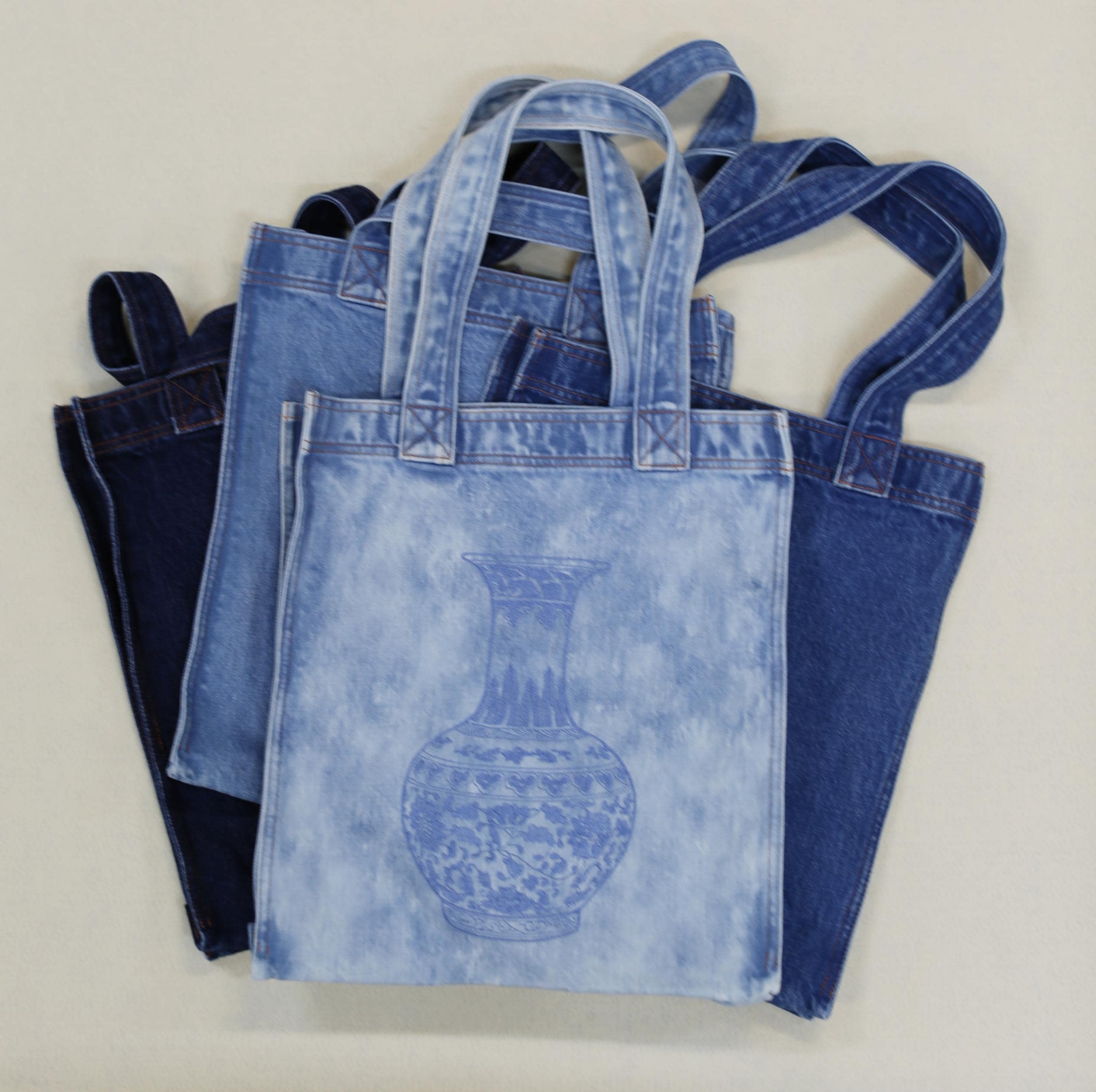 Washed Denim Tote Bag with Chinese Porcelain Embroidery – 100% Cotton Canvas Bag