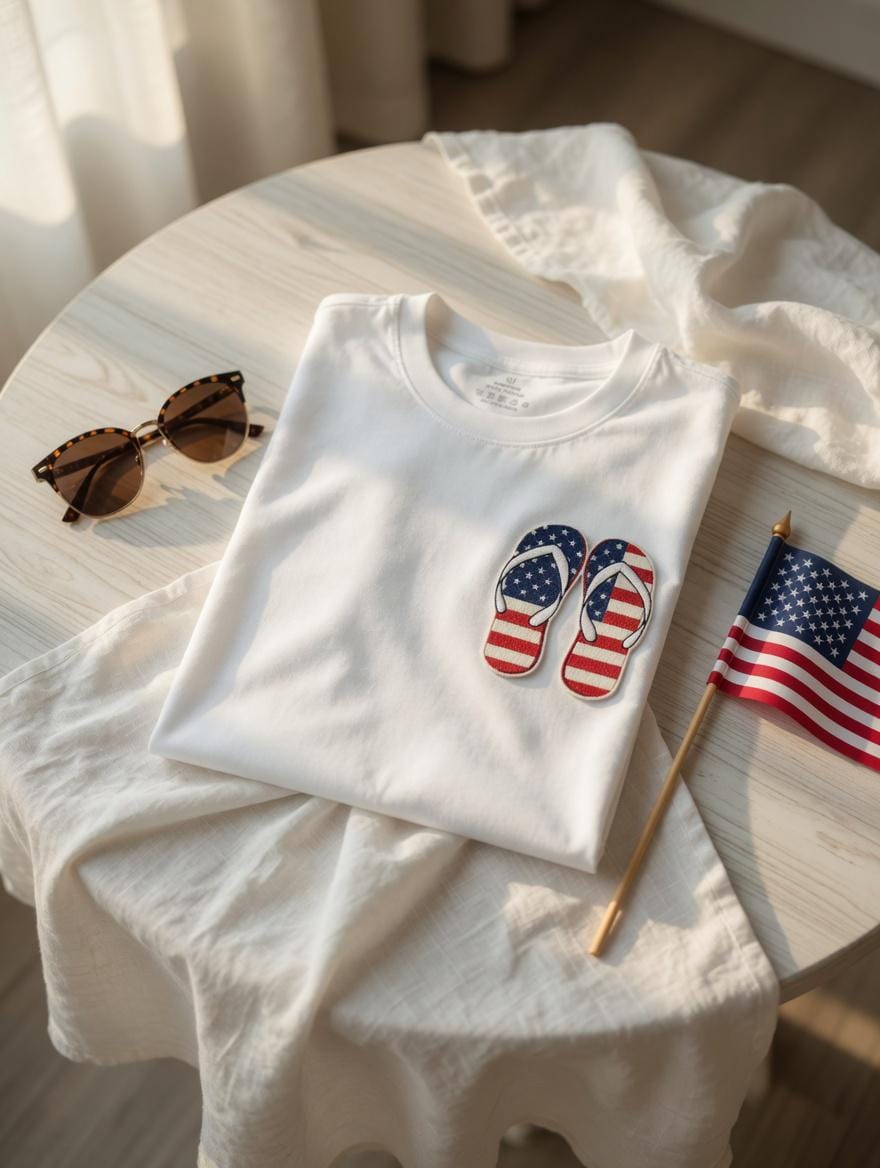 July 4 Independence Day Gift Embroidered American Flag Flip-Flops T-Shirt | Patriotic Summer Cotton Tee