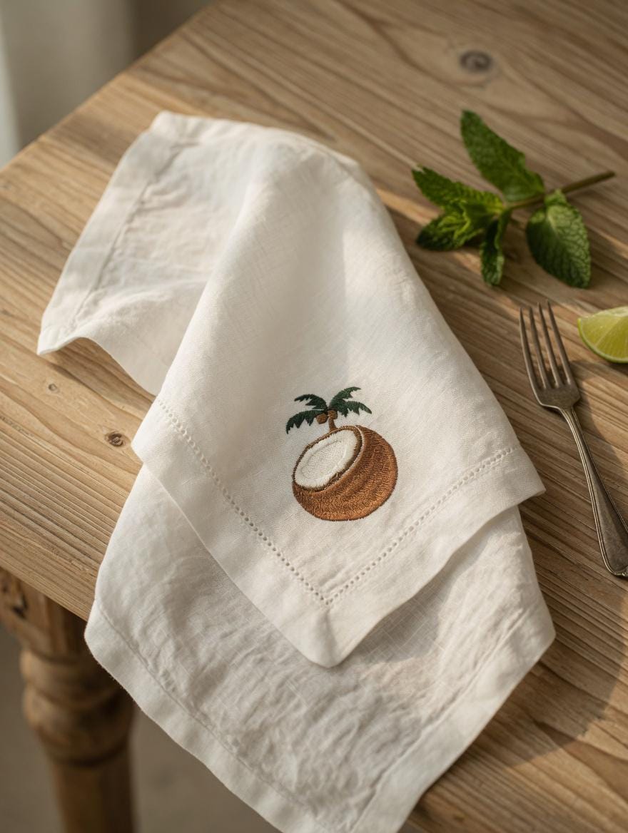 Embroidered Coconut Linen Napkin | Beach Theme Hemstitch Table Decor