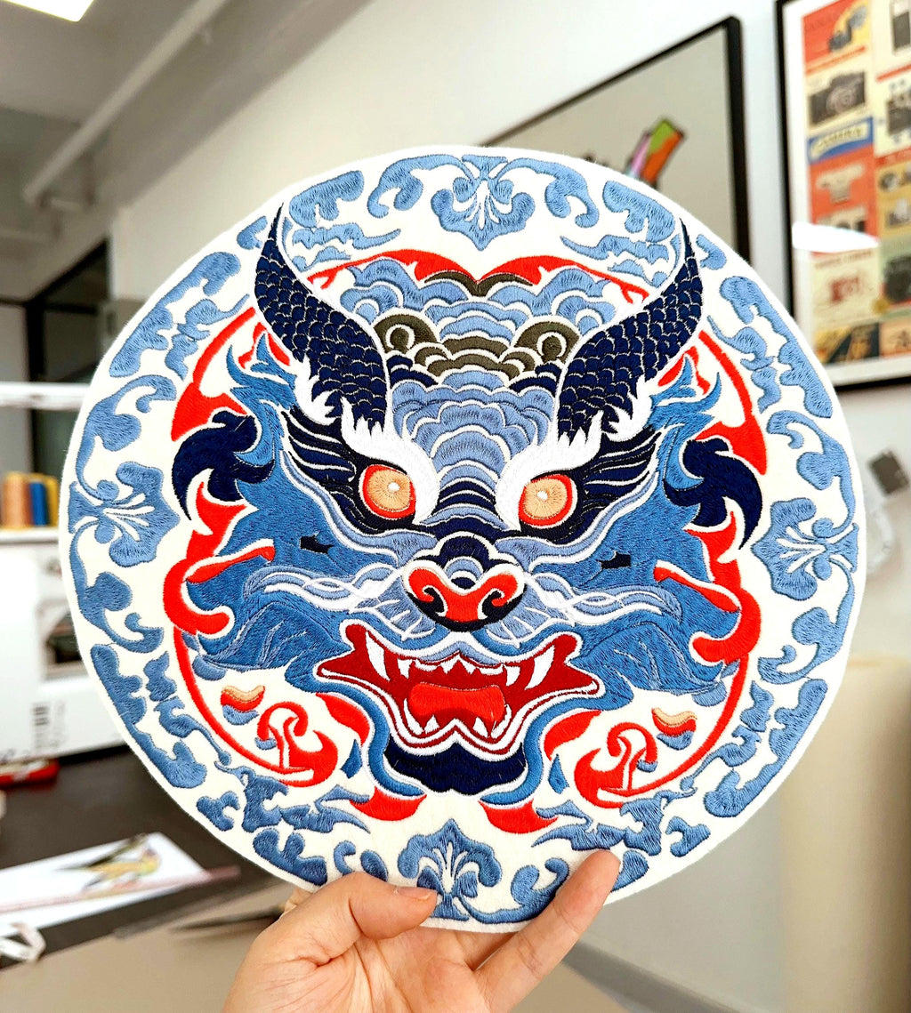 Embroidered jumperEmbroidered Chinese Dragon Patch – Fierce Blue Porcelain Waves, Sew/Iron On Badge