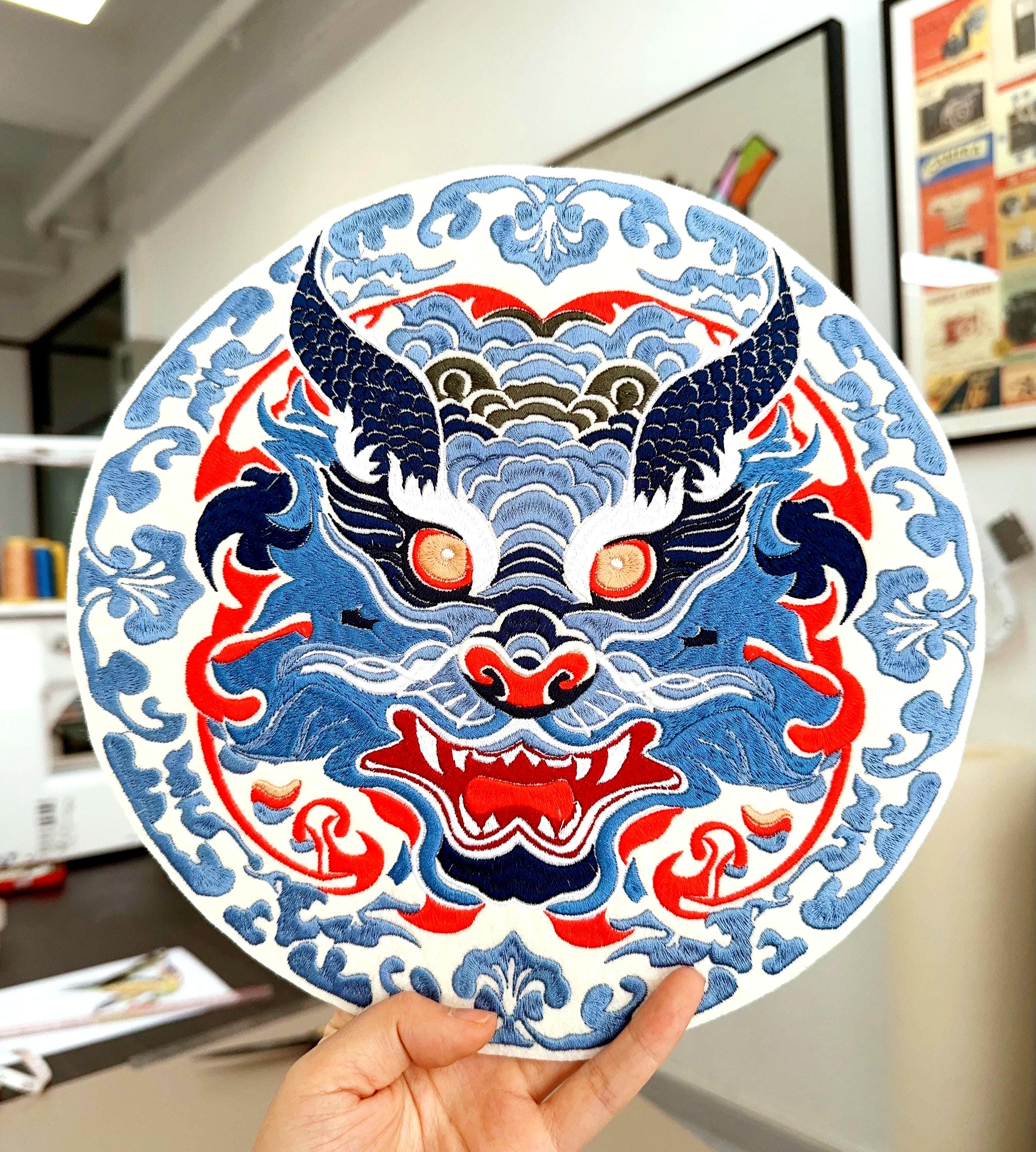 Embroidered jumperEmbroidered Chinese Dragon Patch – Fierce Blue Porcelain Waves, Sew/Iron On Badge