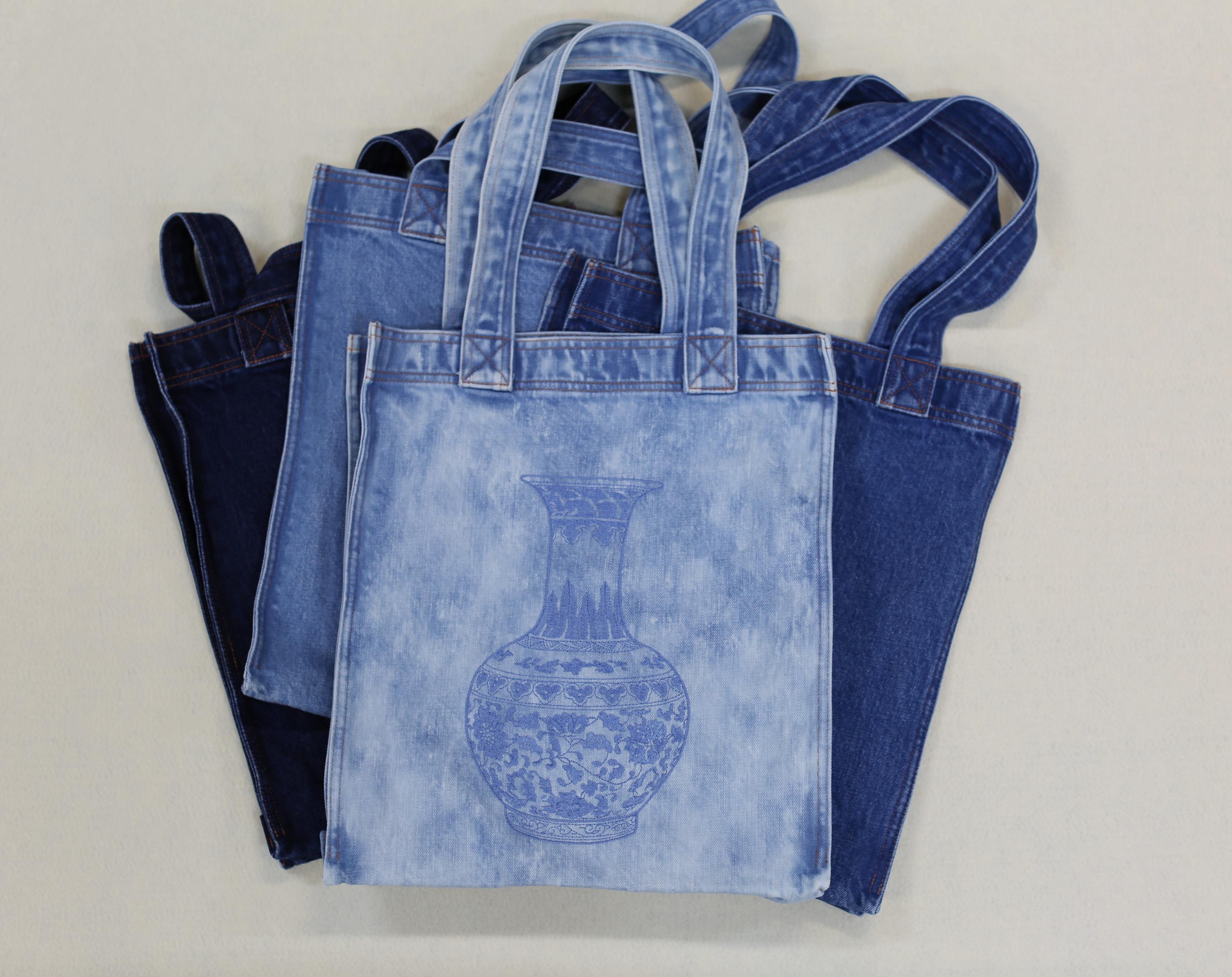 Washed Denim Tote Bag with Chinese Porcelain Embroidery – 100% Cotton Canvas Bag