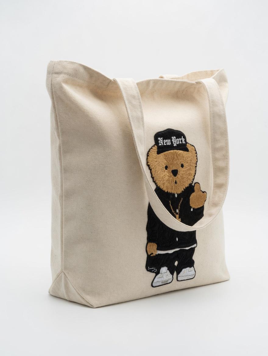 Custom Embroidered Teddy Bear Tote Bag | Street Style NY Canvas Shoulder Bag