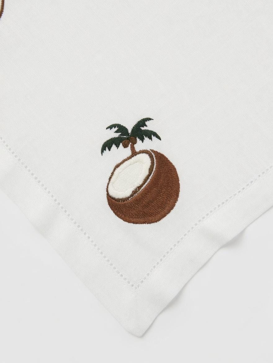 Embroidered Coconut Linen Napkin | Beach Theme Hemstitch Table Decor