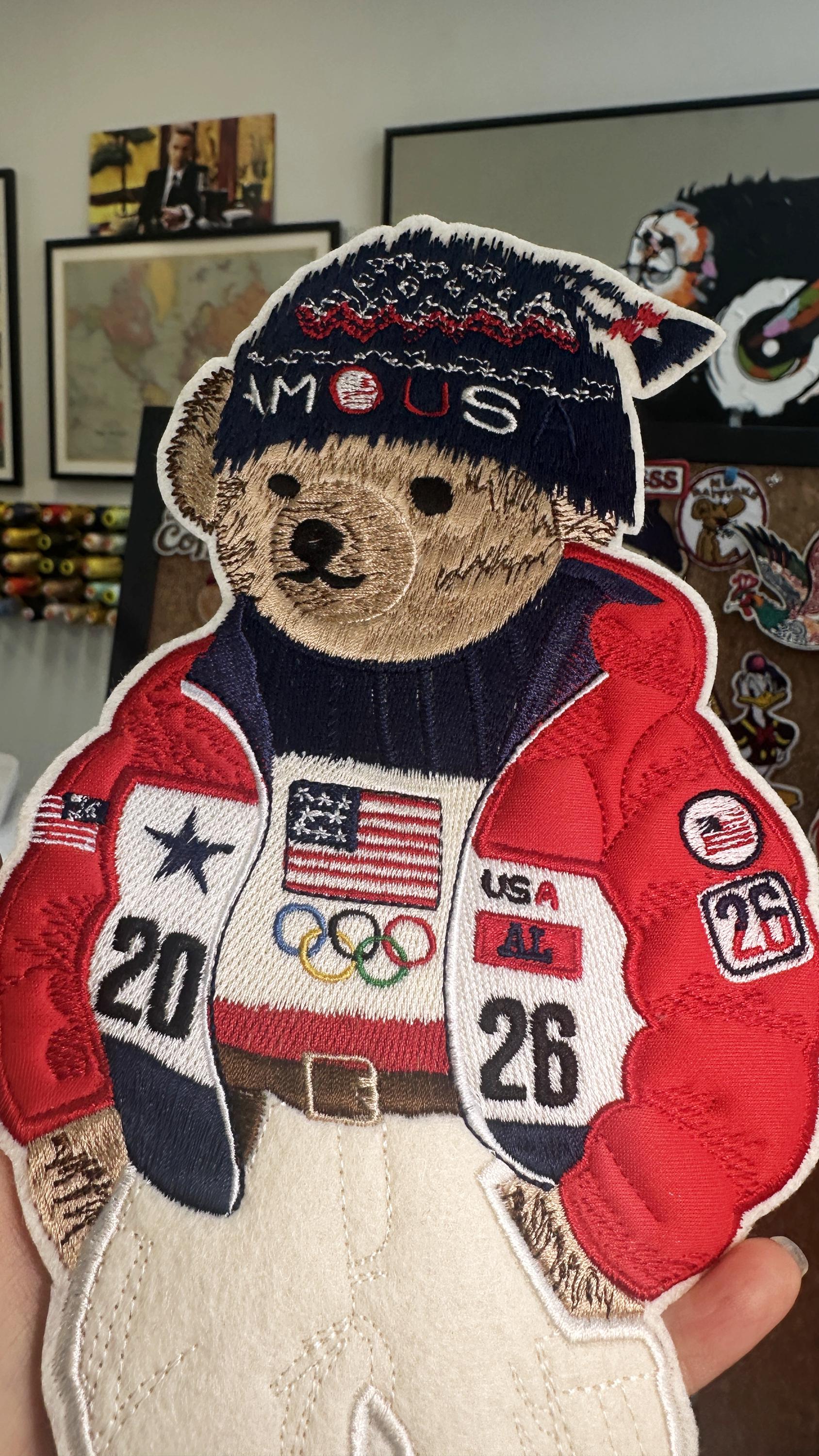 Ralph Lauren Style 2026 Olympics Teddy Bear Patch - USA Polo Bear in Puffer Jacket & Beanie "2026", Handmade Sew/Iron On Streetwear Badge