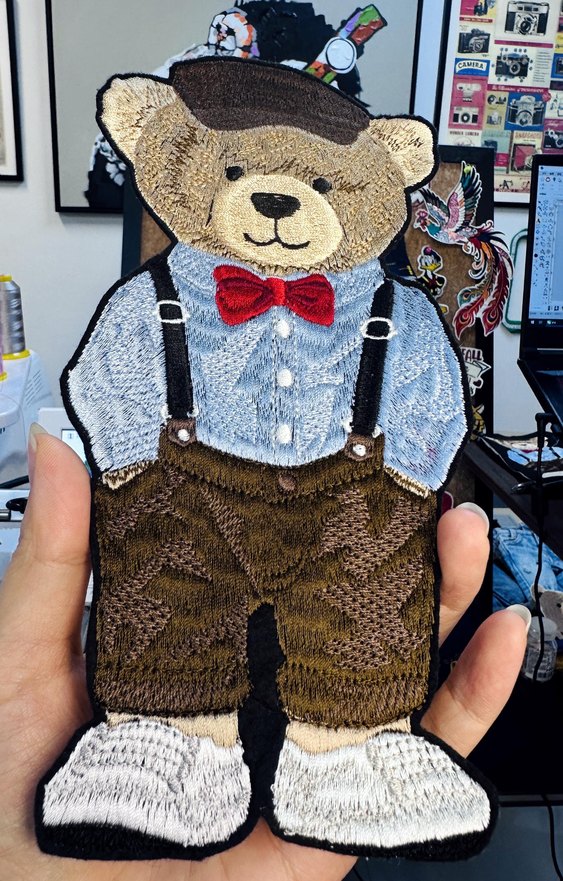 Hand Embroidered Gentleman Bear Patch – RL Polo Style, Bow Tie, Suspenders (Sew-On/Iron-On)