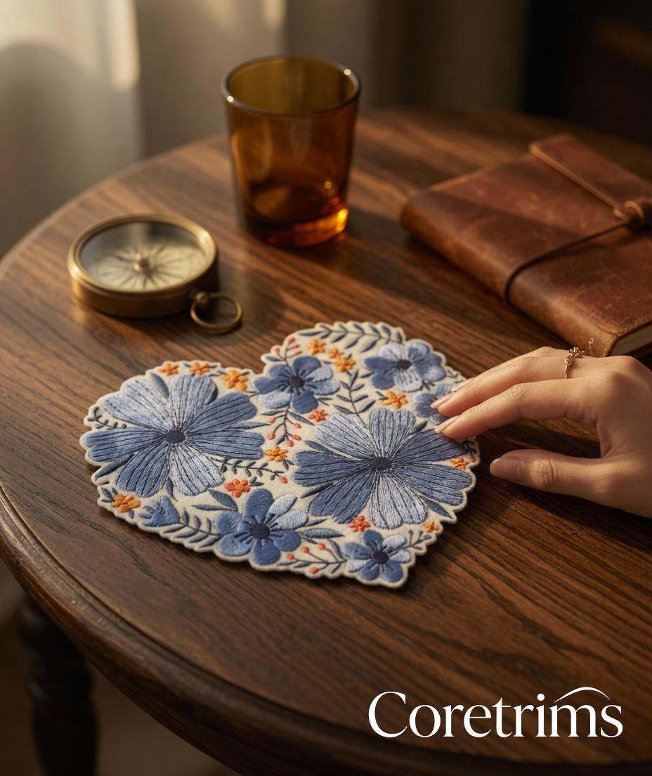 Embroidered Floral Heart Patch – Blue Daisy Boho Style Sew/Iron On Badge