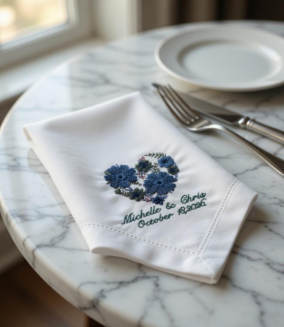 Embroidered Blue Floral Heart Linen Napkin | Custom Wedding Names & Date Set of 2 pcs
