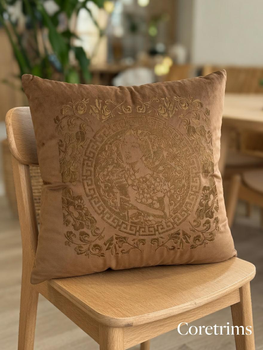 Artistic Embroidered Pillow - Hand Embroidered Brown Velvet Cushion, Unique Home Accent