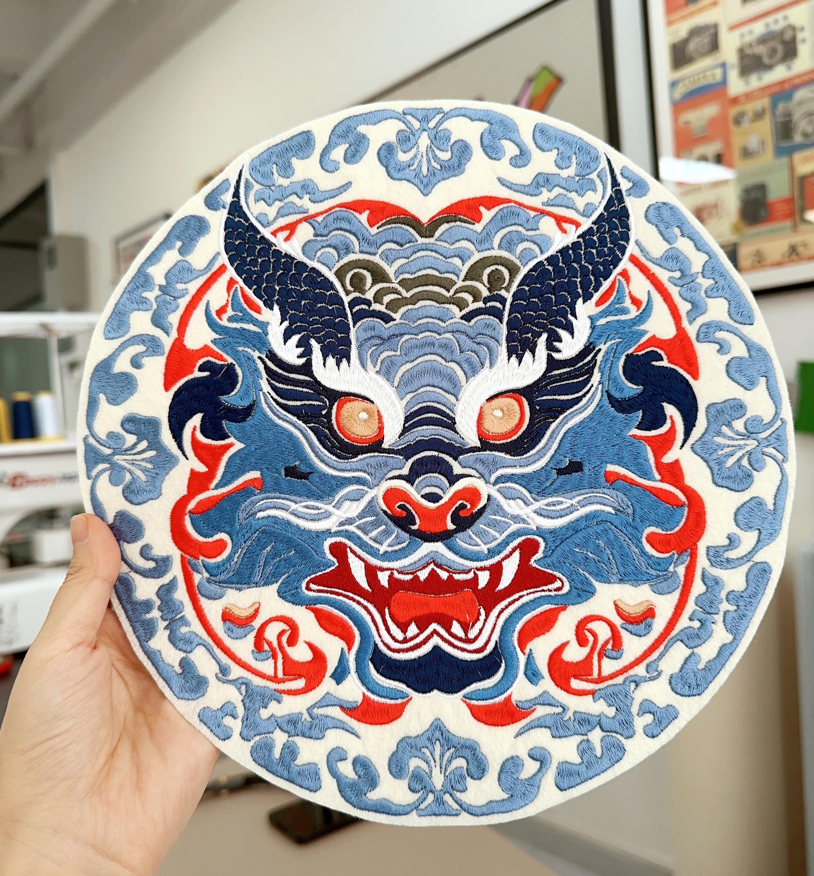 Embroidered jumperEmbroidered Chinese Dragon Patch – Fierce Blue Porcelain Waves, Sew/Iron On Badge