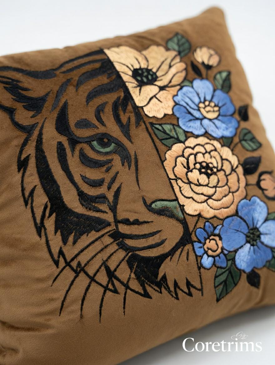 Artistic Embroidered Pillow - Hand Embroidered Brown Velvet Cushion, Unique Home Accent