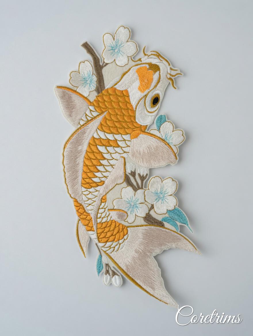 Large Koi Fish Embroidered Patch, Japanese Sakura Iron-On Applique, Red & Gold Koi Carp Sew-On Patch , DIY Embroidery