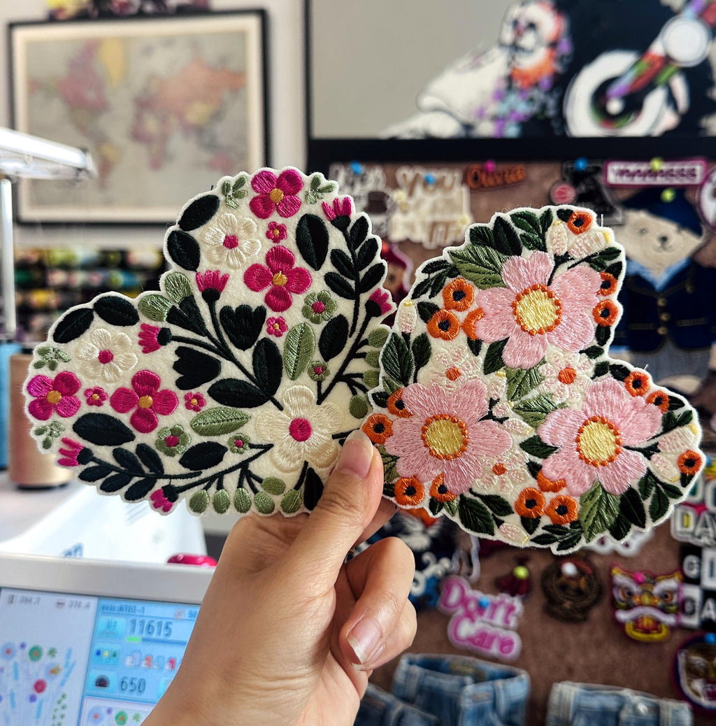 Floral Heart Patch – Hand Embroidered Pink Blossoms Badge (Iron-On)