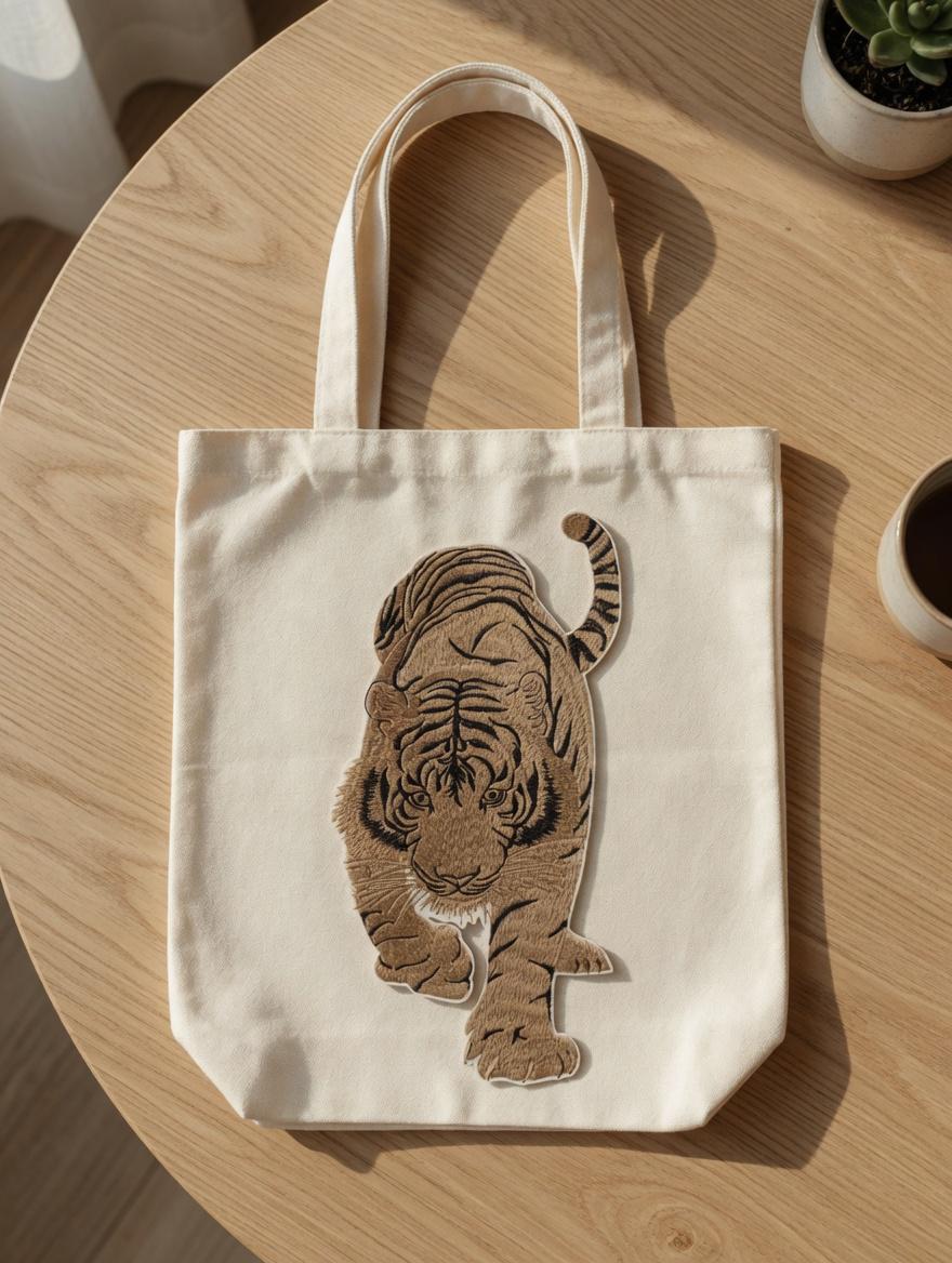 Embroidered Full Body Tiger Tote Bag, Wildlife Canvas Shoulder Bag
