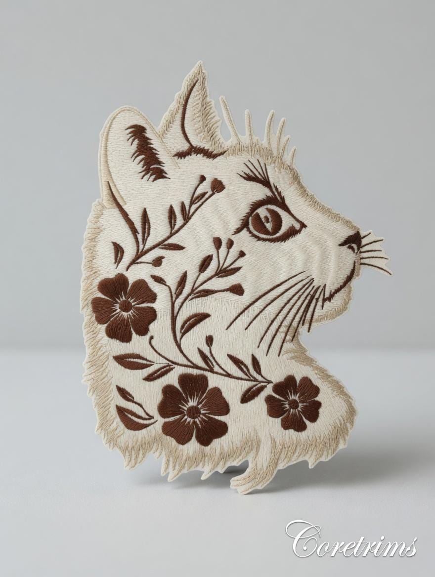 Floral Cat Head Embroidered Patch – Brown Botanical Wildcat Profile Iron-On Appliqué, Cat Lover Gift