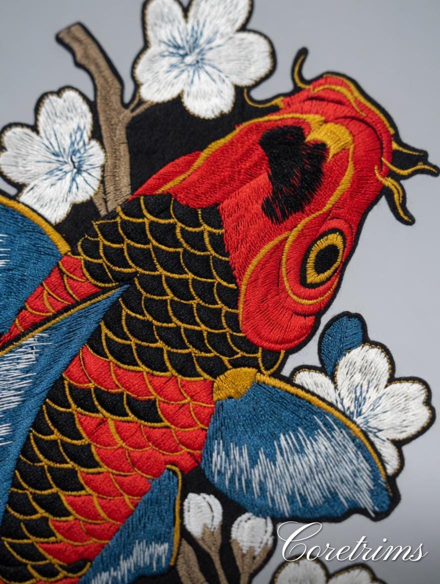 Large Koi Fish Embroidered Patch, Japanese Sakura Iron-On Applique, Red & Gold Koi Carp Sew-On Patch , DIY Embroidery