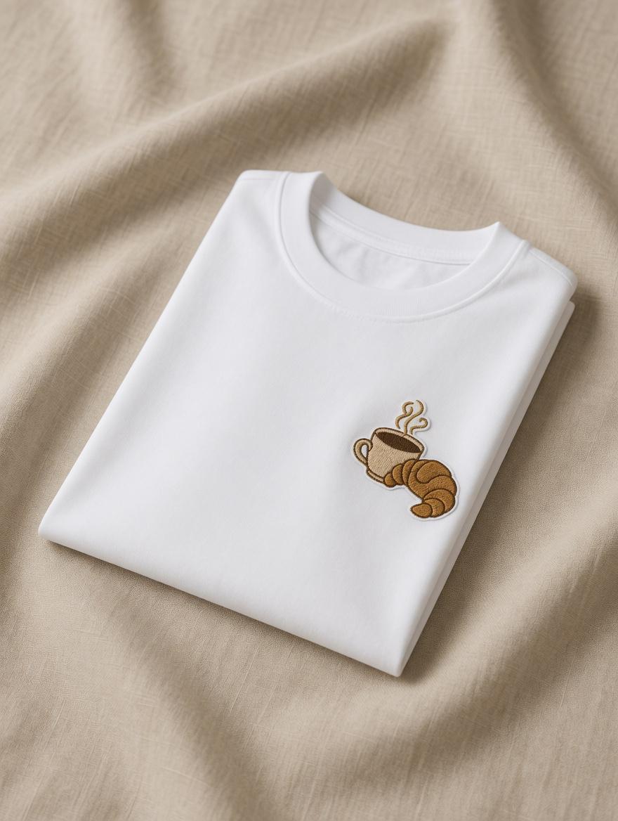 Embroidered Coffee Croissant T-Shirt | Breakfast Foodie Morning Tee