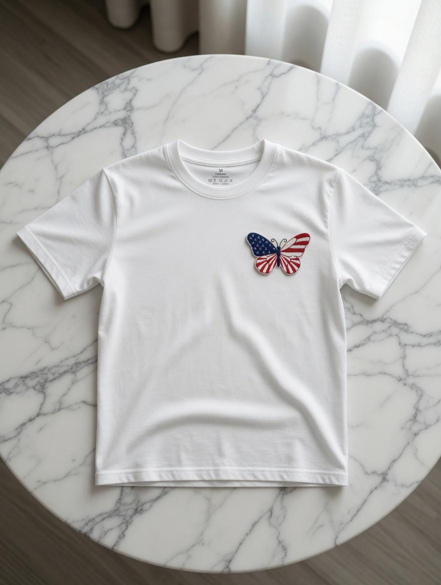 July 4 Independence Day Gift  Custom Embroidered American Flag Butterfly Cotton T-Shirt