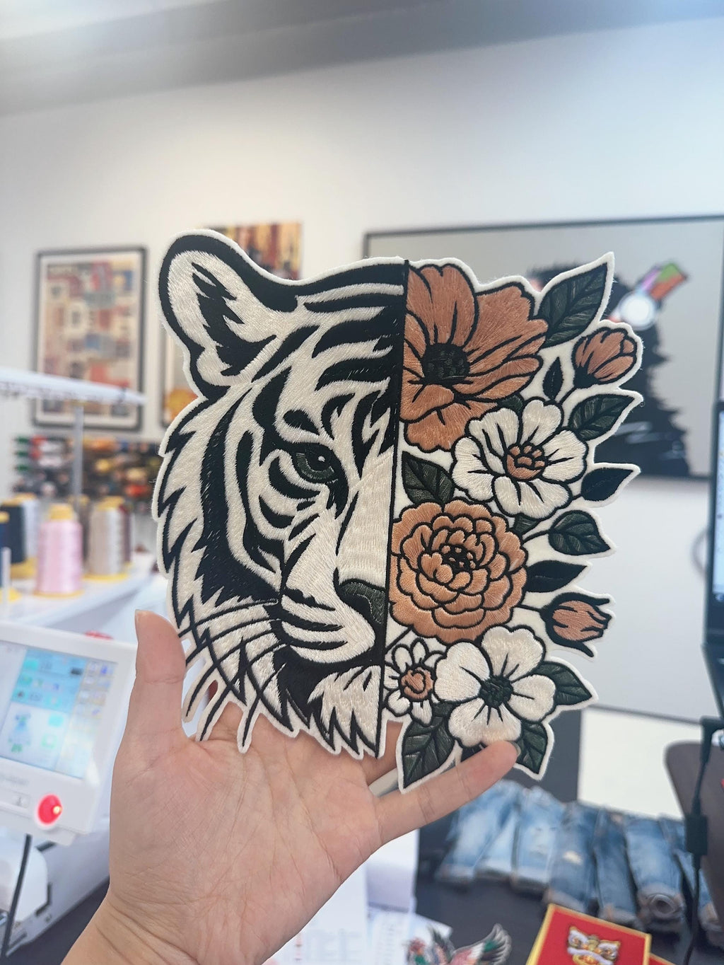 Hand Embroidered Tiger Floral Patch: Sew On/Iron On Applique