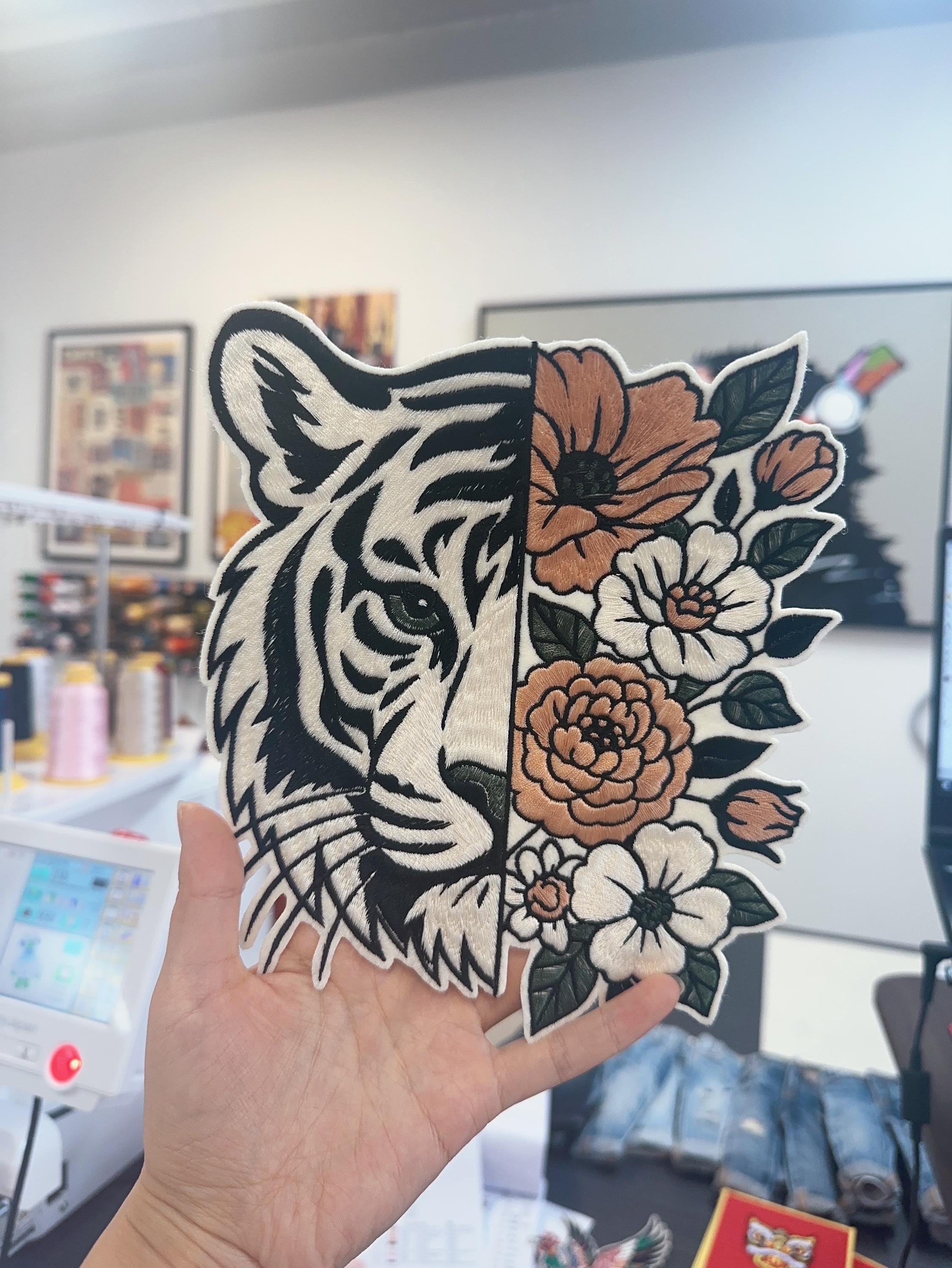 Hand Embroidered Tiger Floral Patch: Sew On/Iron On Applique