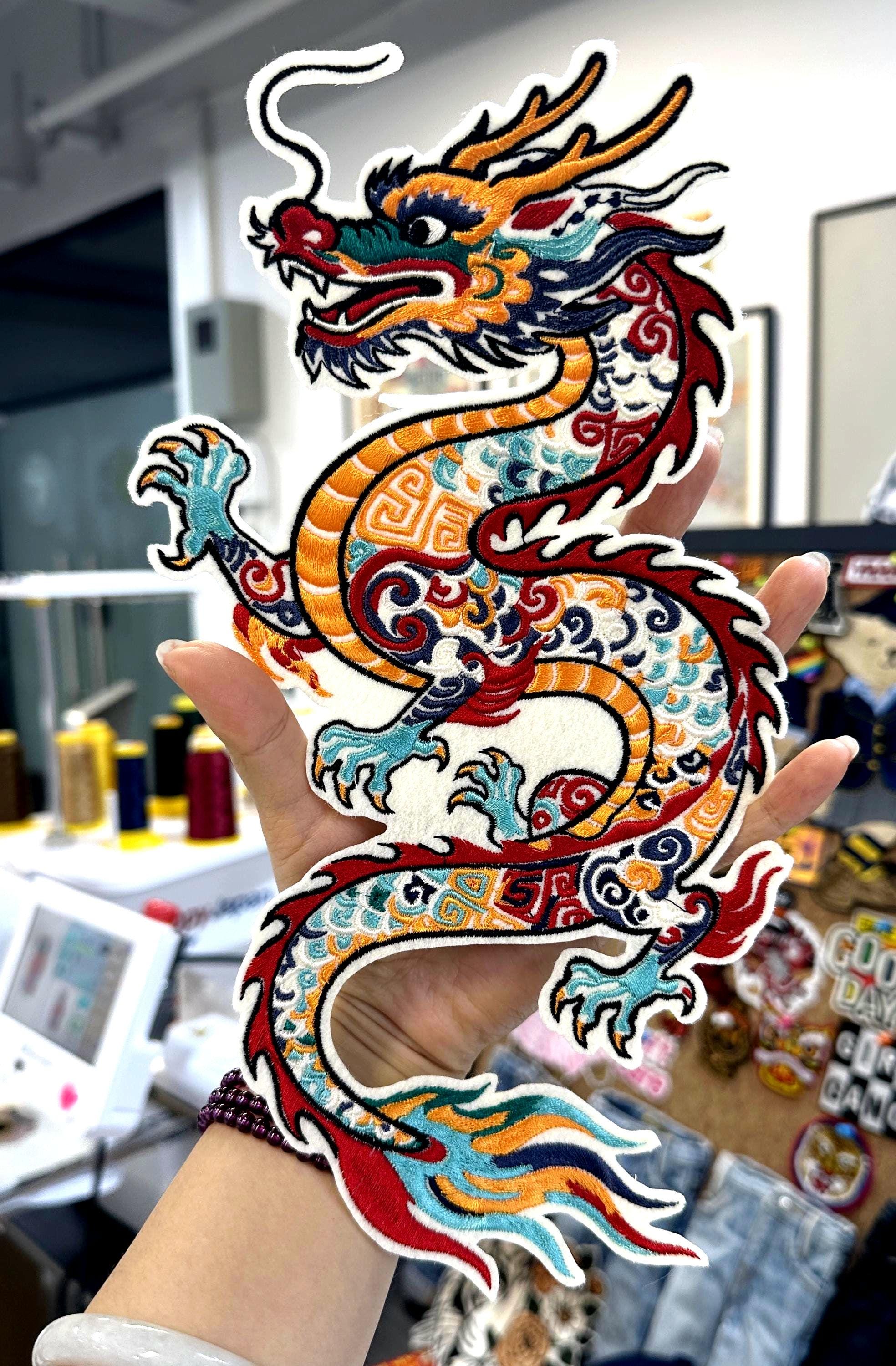 Embroidered Chinese Dragon Patch – Bright Scales, Flames, Sew On Applique