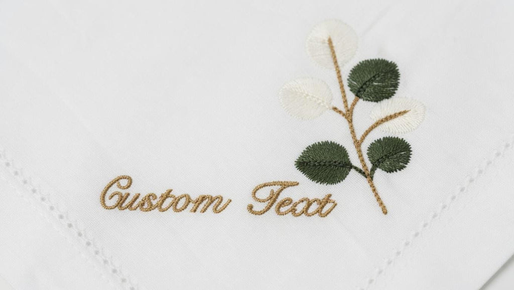Custom Embroidered Linen Napkin | Botanical Eucalyptus Leaf Design, Personalized Text set of 2 pcs